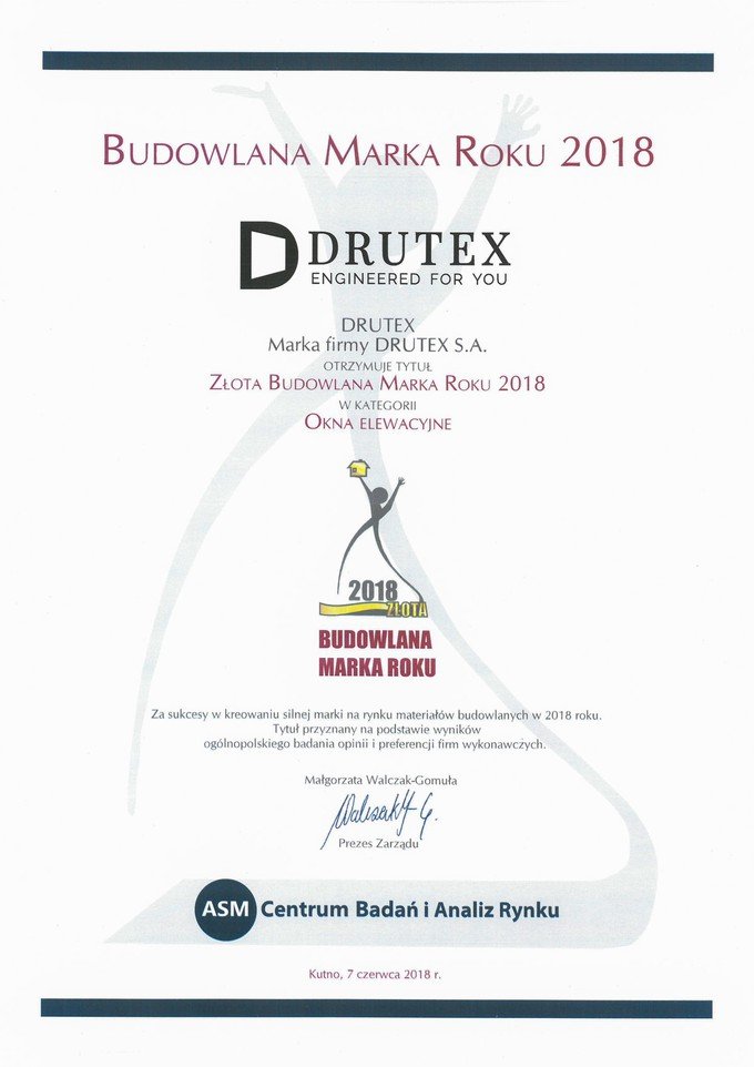 Zlatá stavebná značka roku 2018 pre spoločnosť Drutex